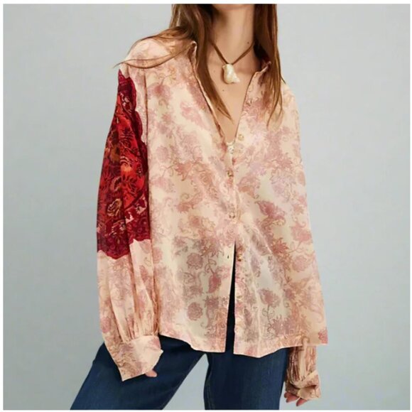 Free People Rose Bud Paisley Cotton Oversized Boho Blouse Red Cream Lightweight - Picture 1 of 14